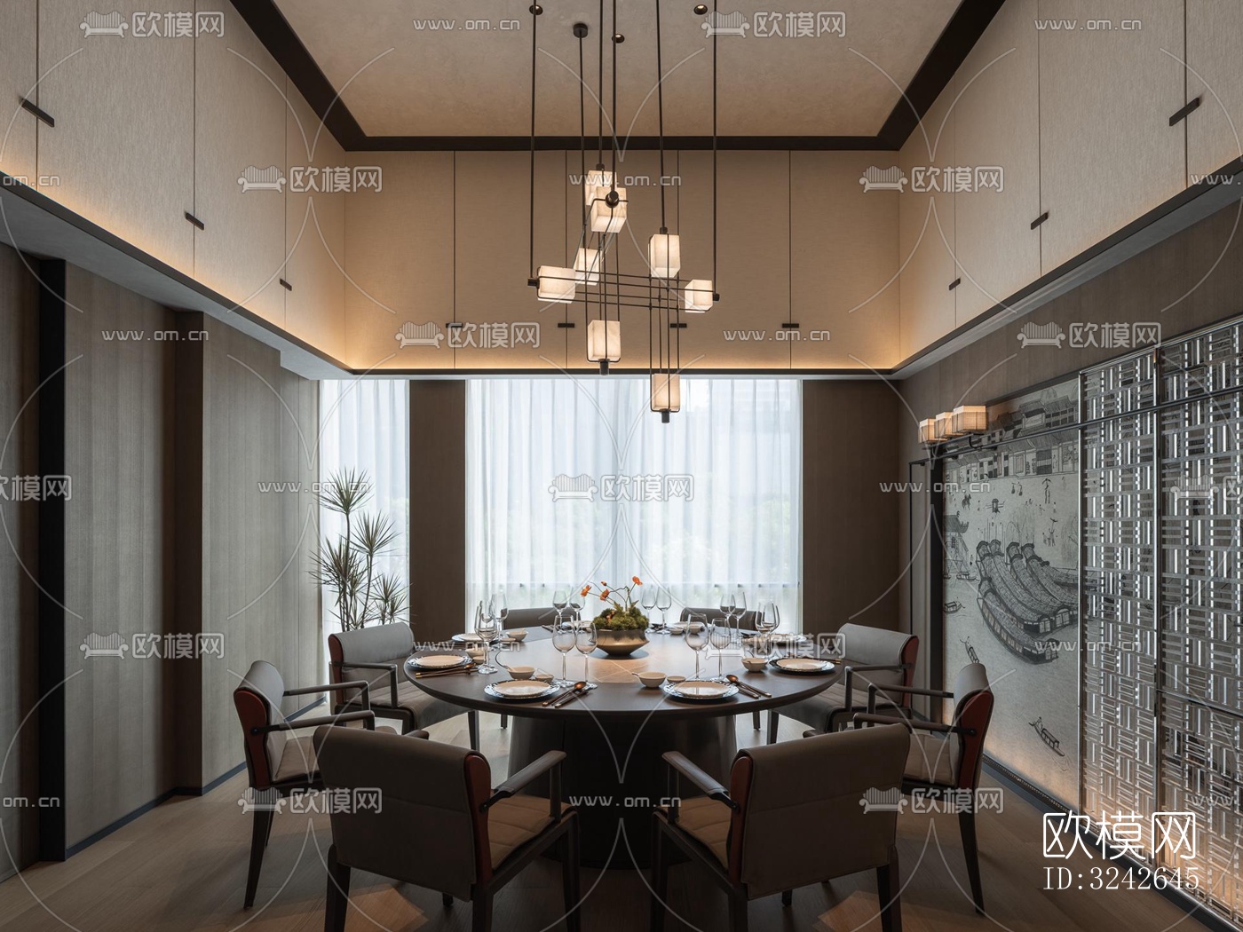 新中式中餐厅效果图下载（渲染图1）