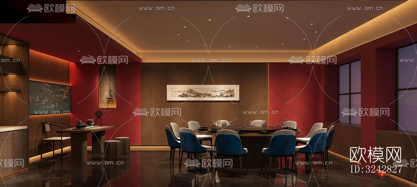 新中式中餐厅效果图下载（渲染图1）