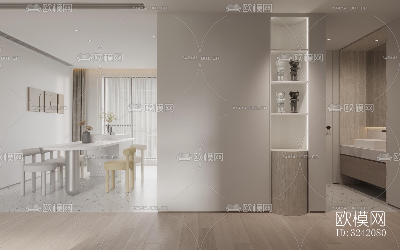 奶油风客餐厅效果图下载（渲染图16）