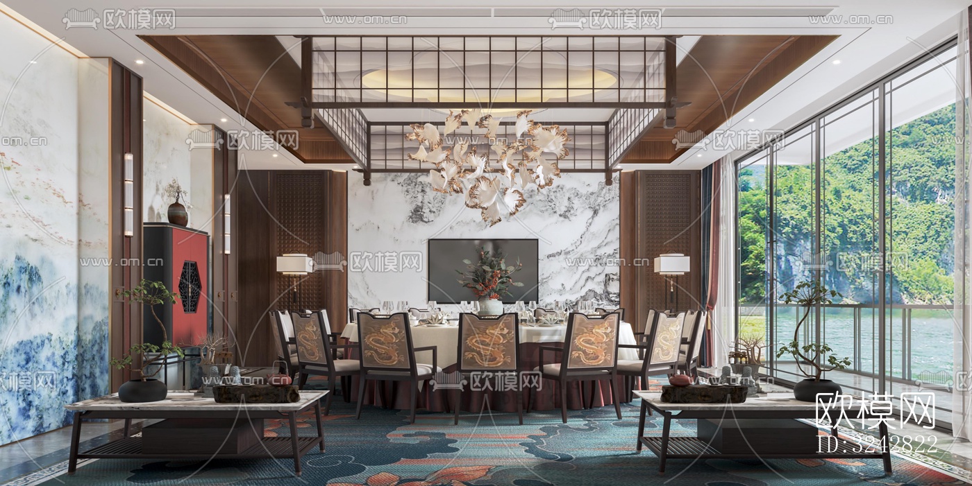 新中式中餐厅效果图下载（渲染图3）
