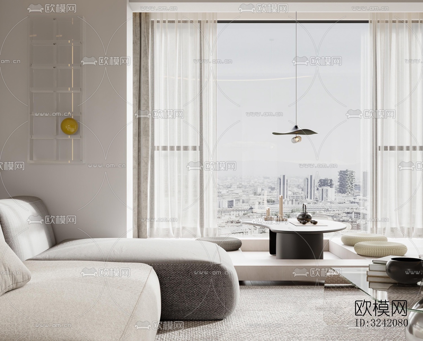 奶油风客餐厅效果图下载（渲染图17）