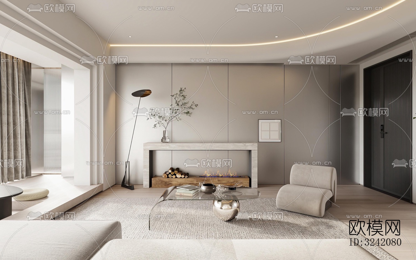 奶油风客餐厅效果图下载（渲染图12）