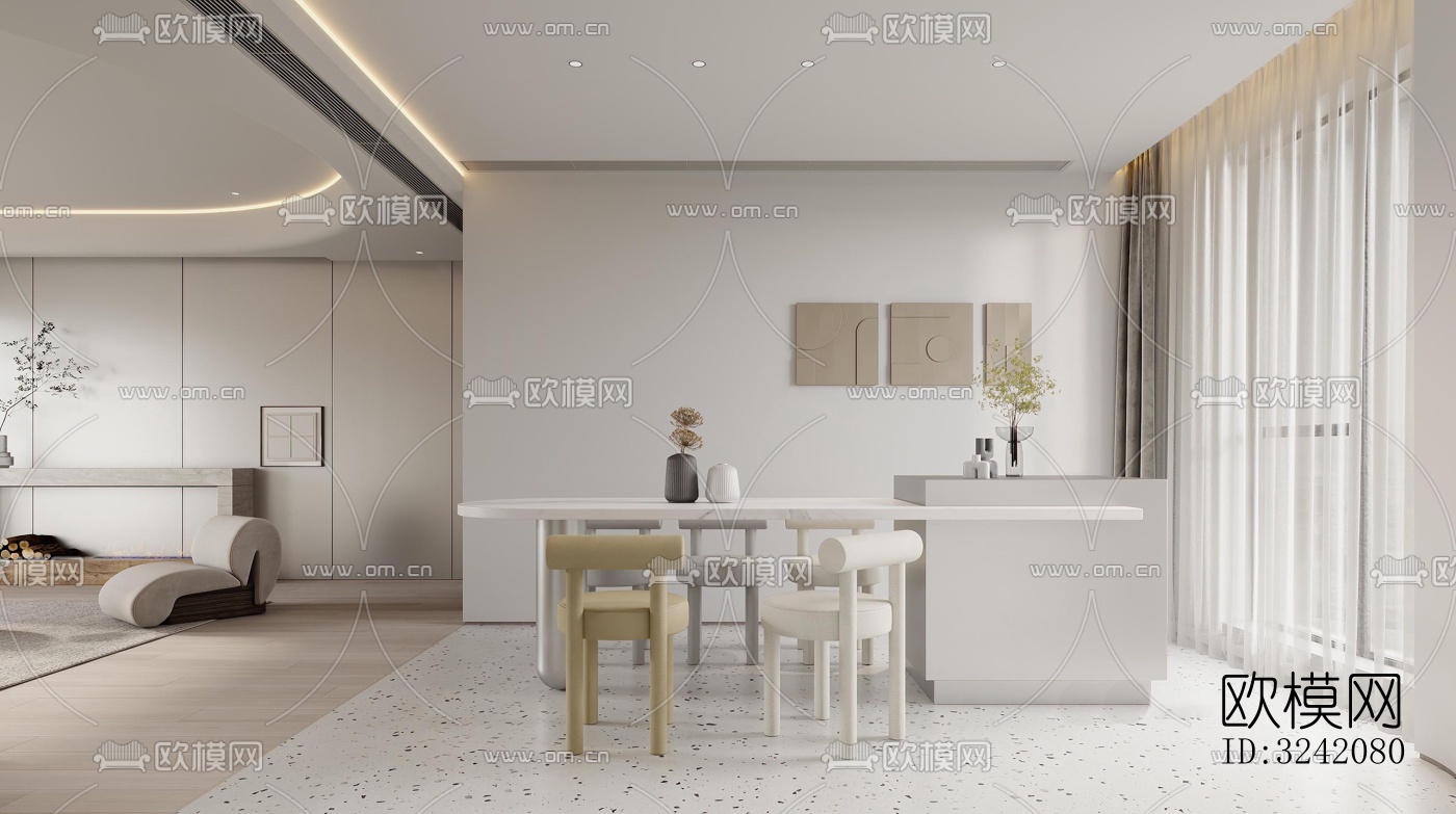 奶油风客餐厅效果图下载（渲染图8）