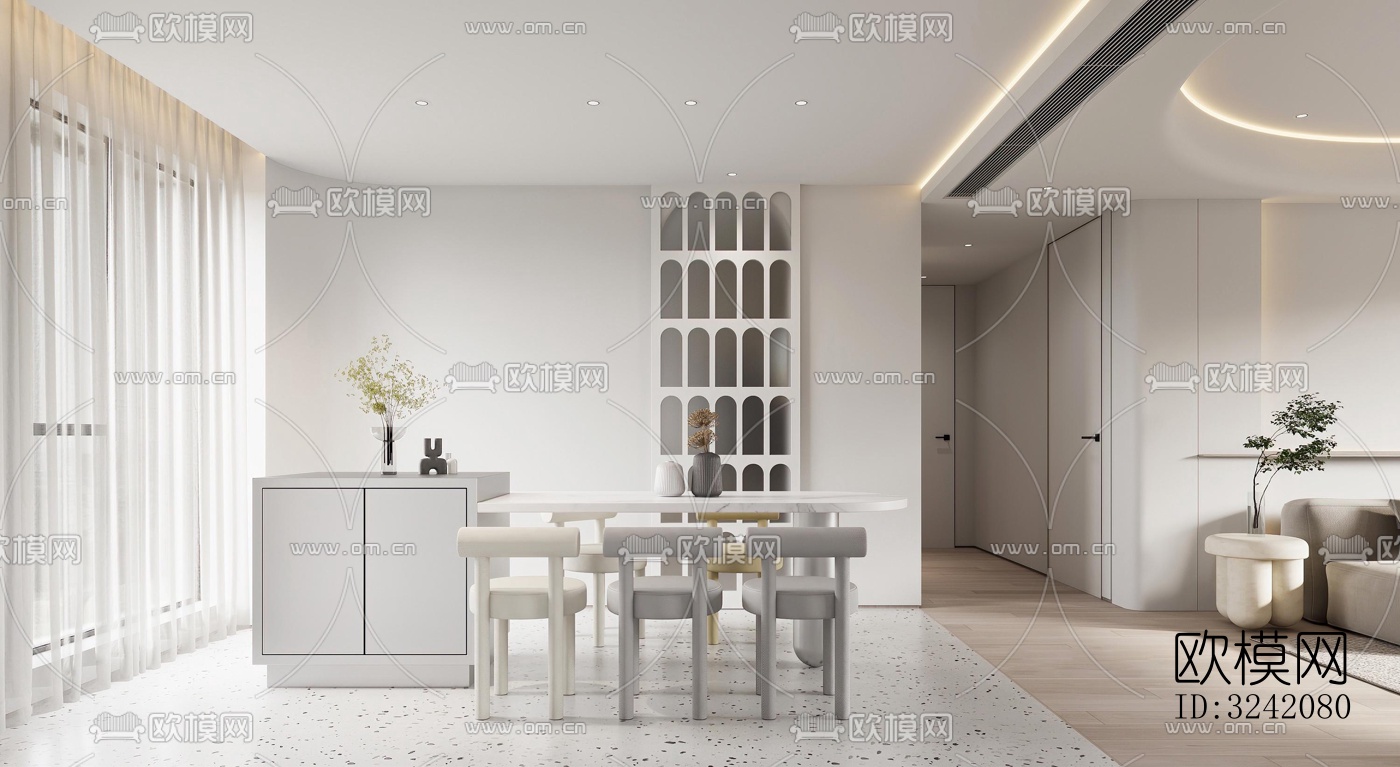 奶油风客餐厅效果图下载（渲染图10）