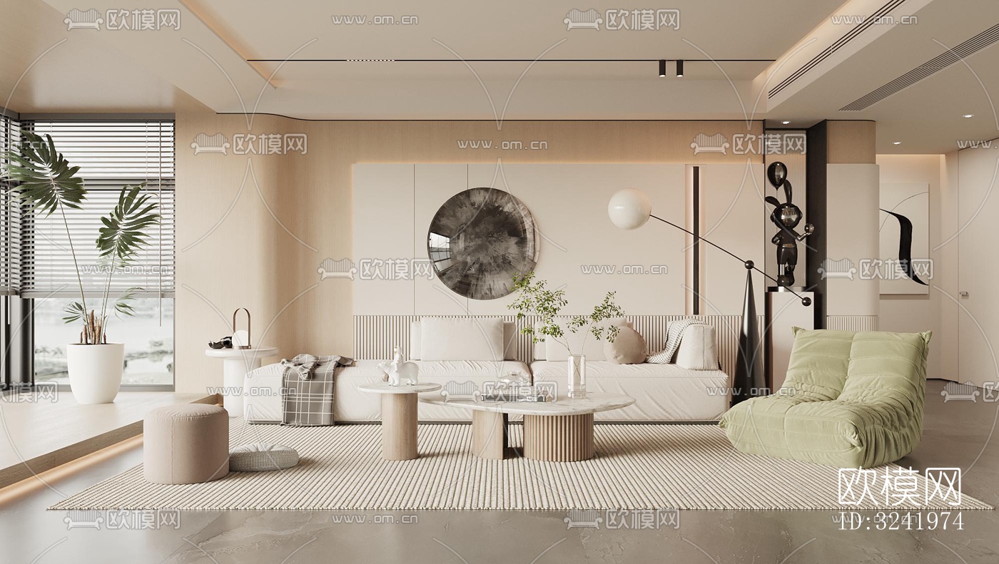 奶油风客厅效果图下载（渲染图1）