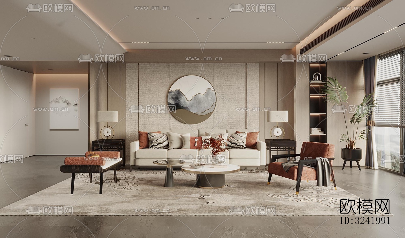 新中式客厅效果图下载（渲染图5）