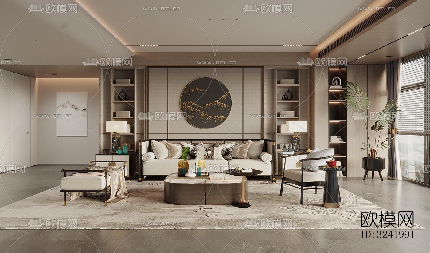 新中式客厅效果图下载（渲染图4）