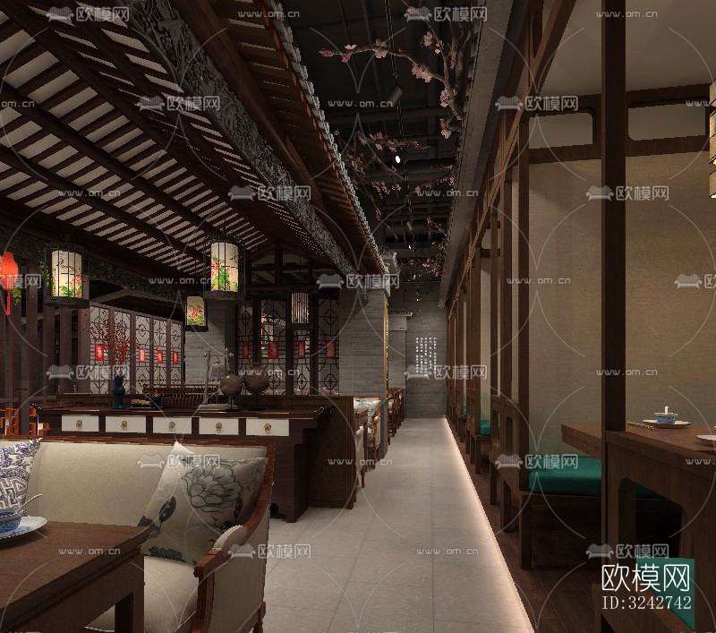 新中式中餐厅效果图下载（渲染图1）