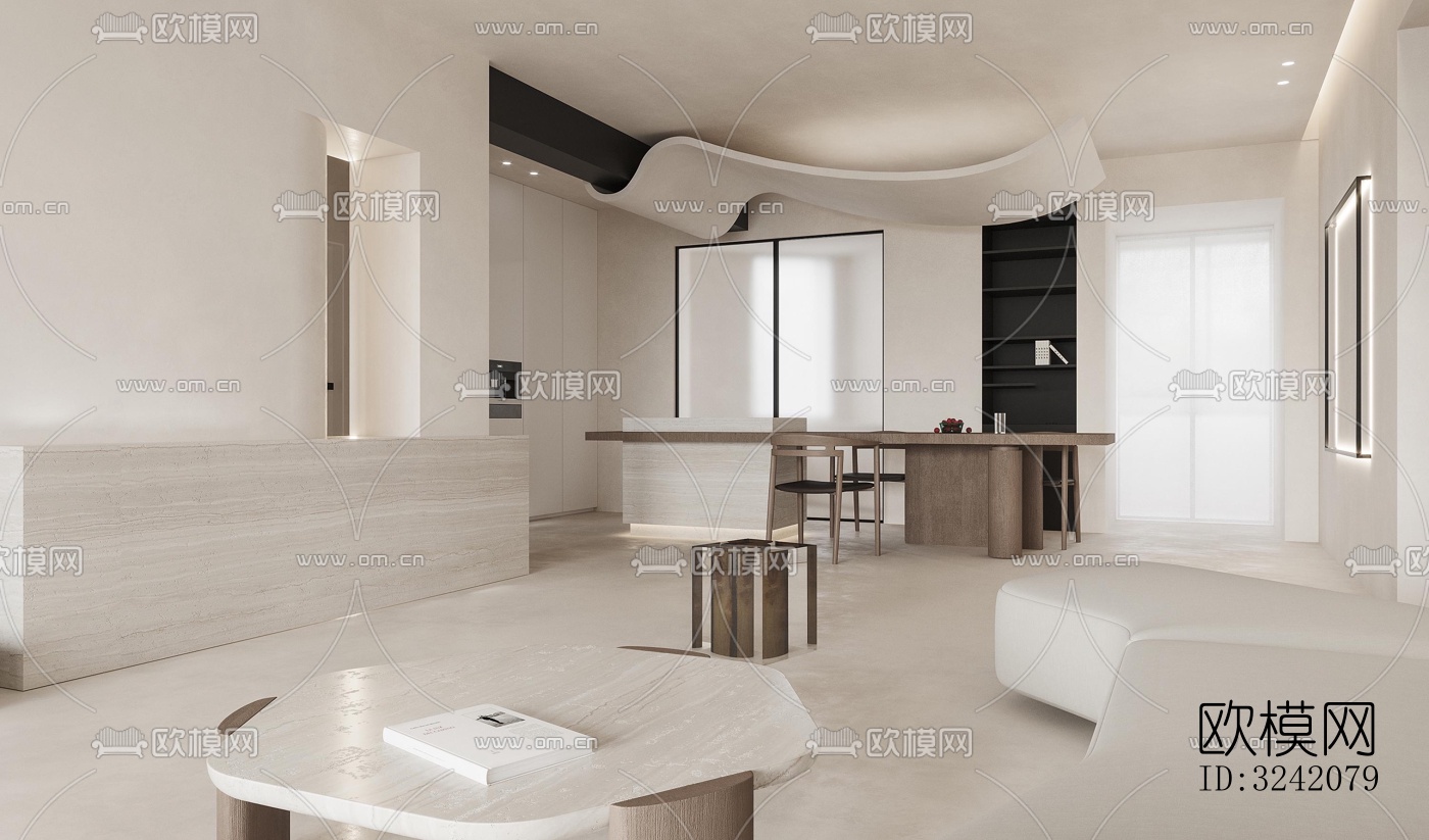 奶油风客餐厅效果图下载（渲染图4）