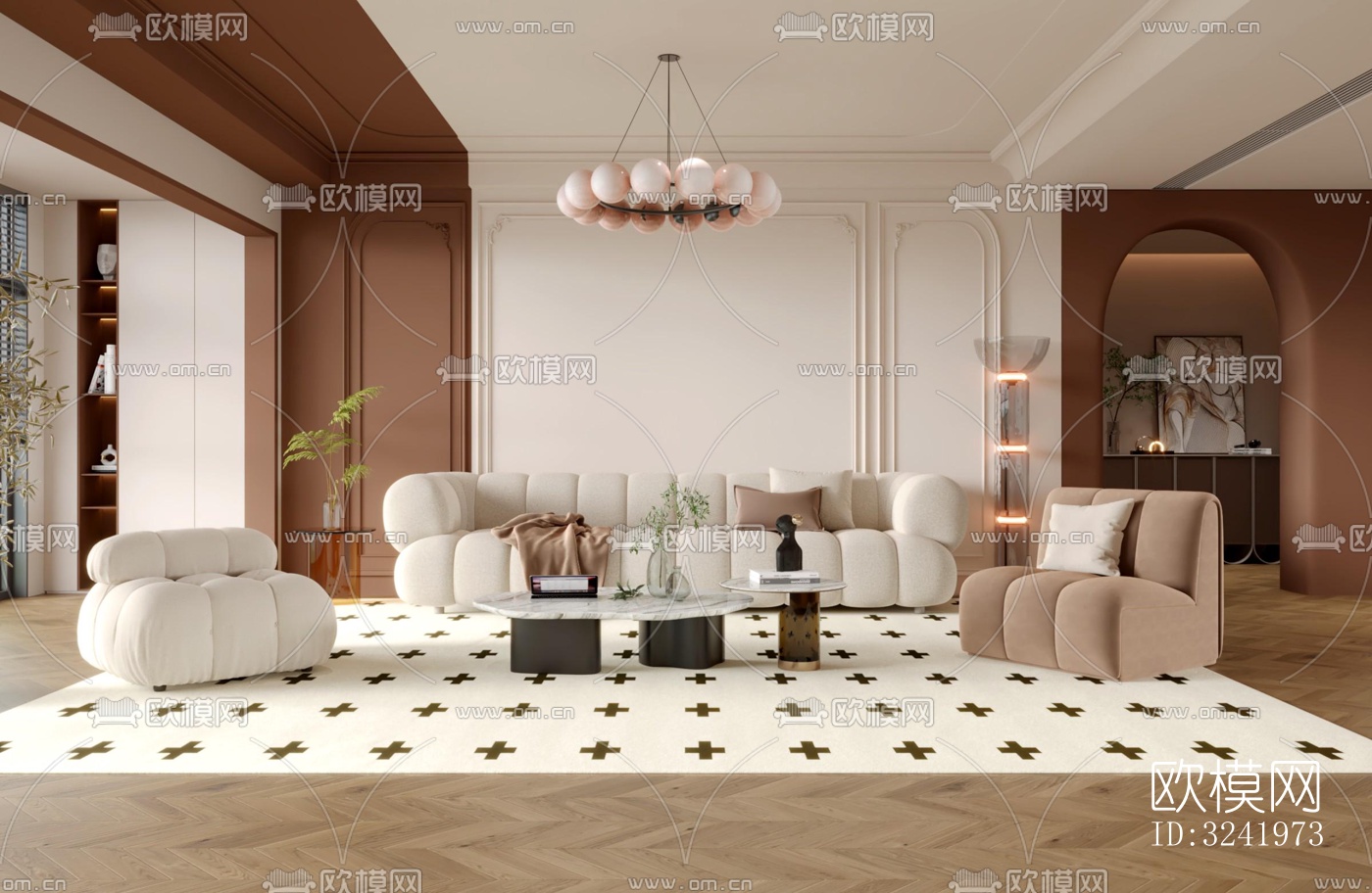 奶油风客厅效果图下载（渲染图2）