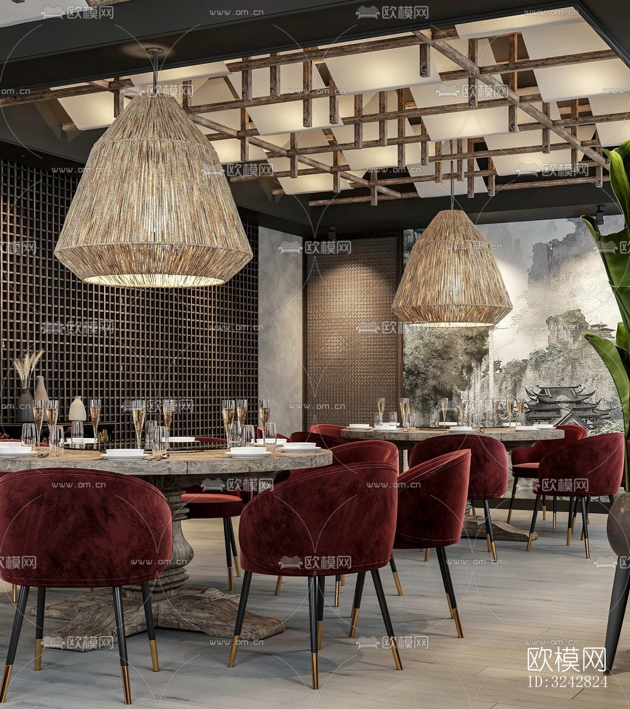 新中式中餐厅效果图下载（渲染图6）