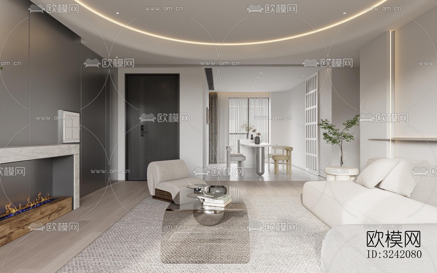 奶油风客餐厅效果图下载（渲染图14）