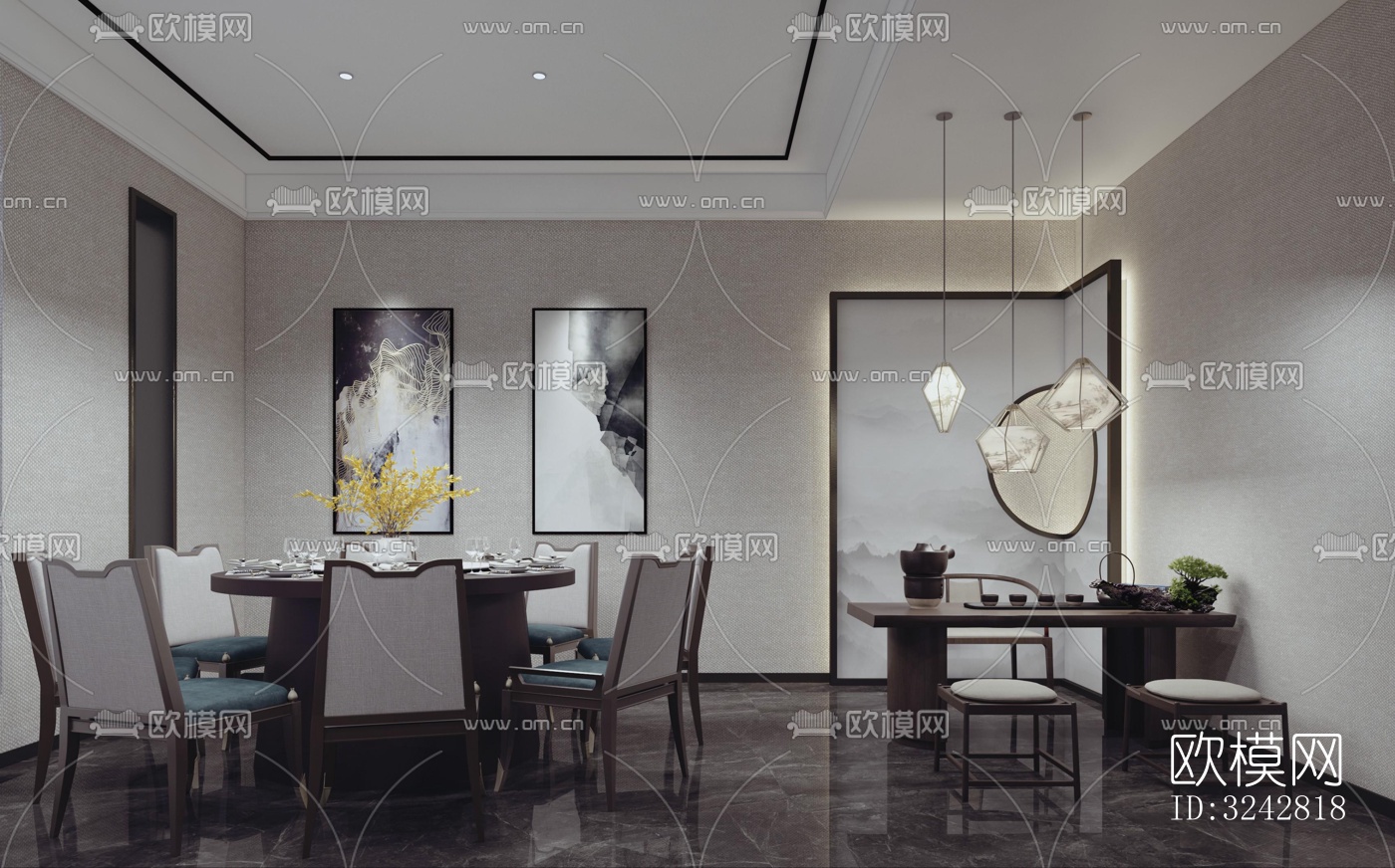 新中式中餐厅效果图下载（渲染图2）