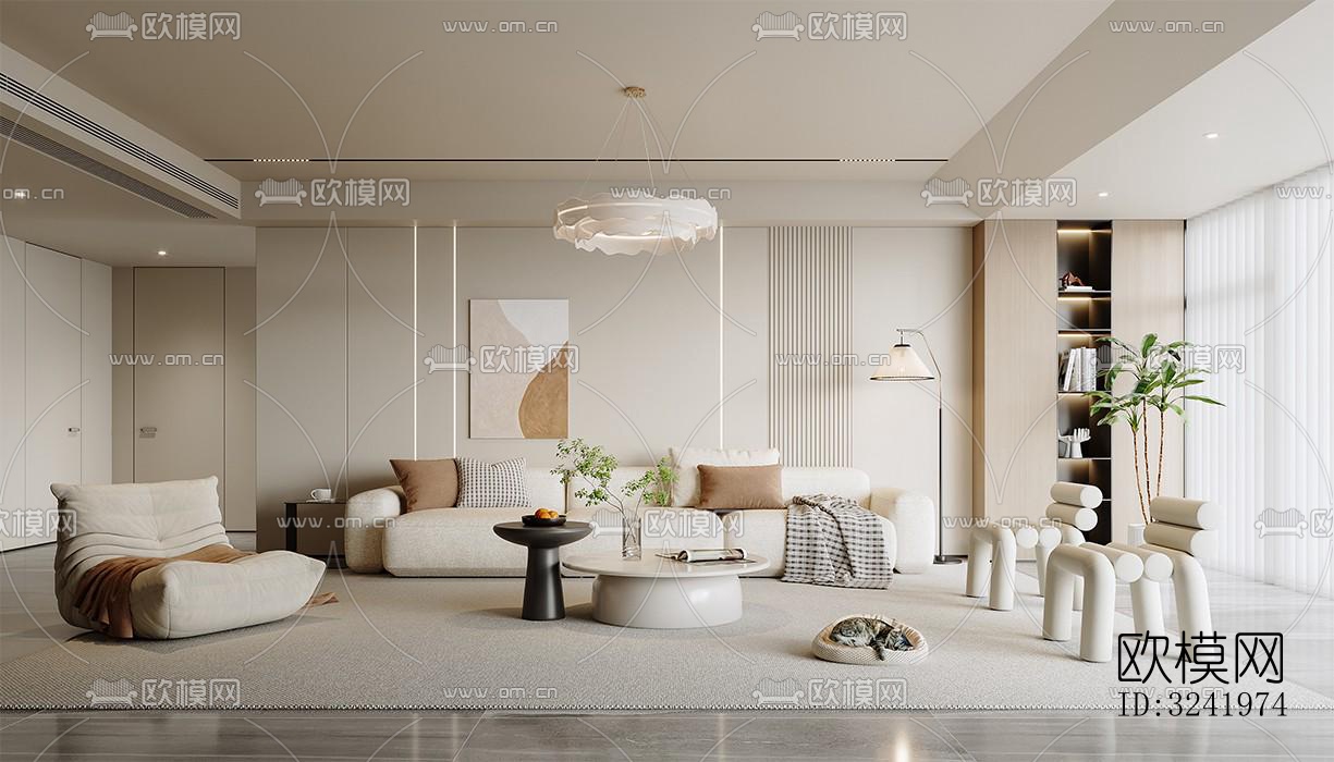 奶油风客厅效果图下载（渲染图5）