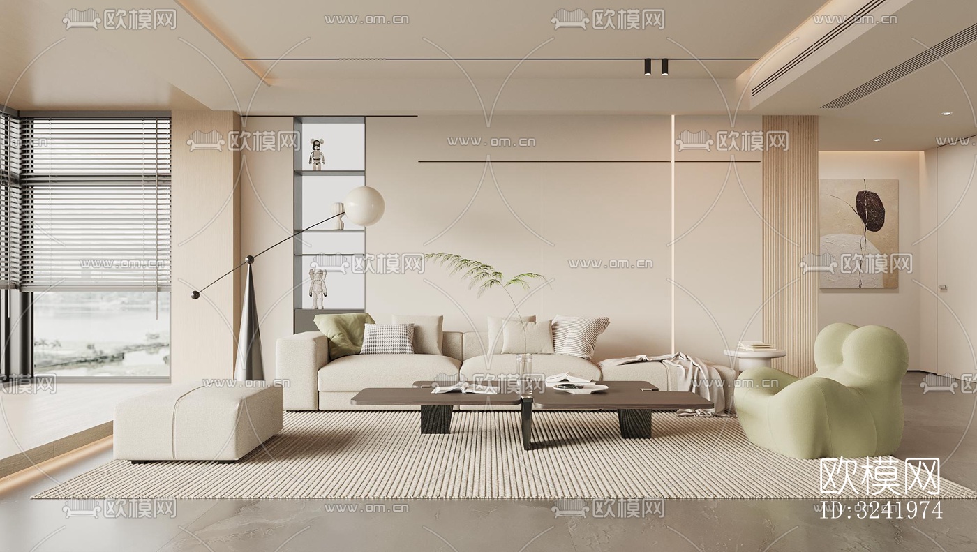 奶油风客厅效果图下载（渲染图2）