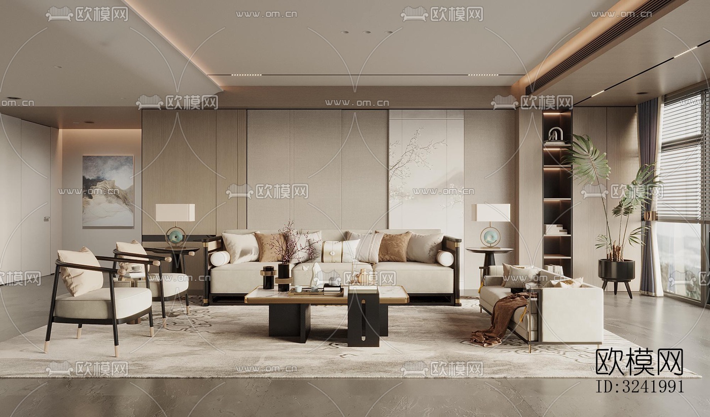 新中式客厅效果图下载（渲染图3）