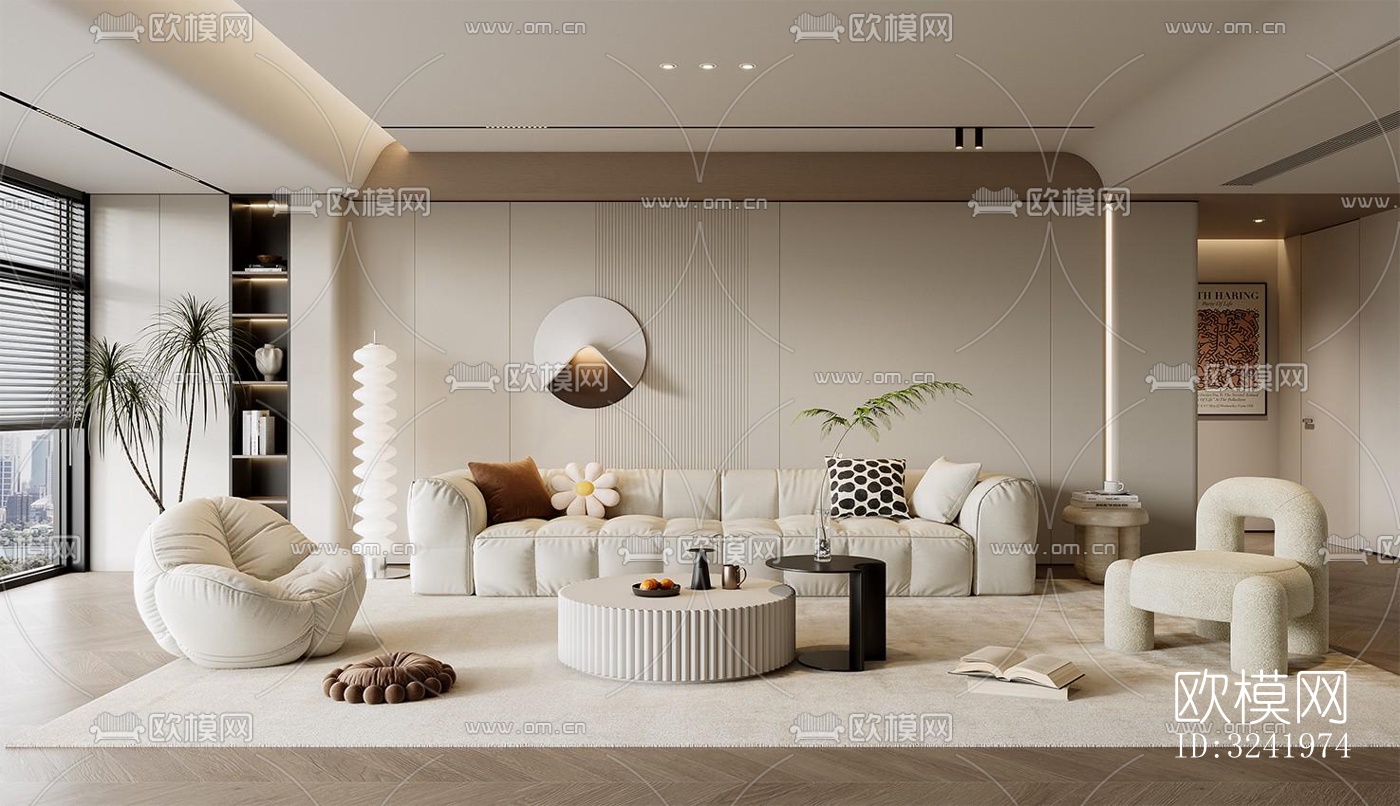 奶油风客厅效果图下载（渲染图3）
