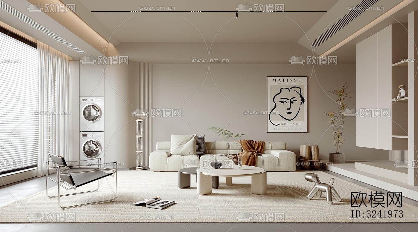 奶油风客厅效果图下载（渲染图4）