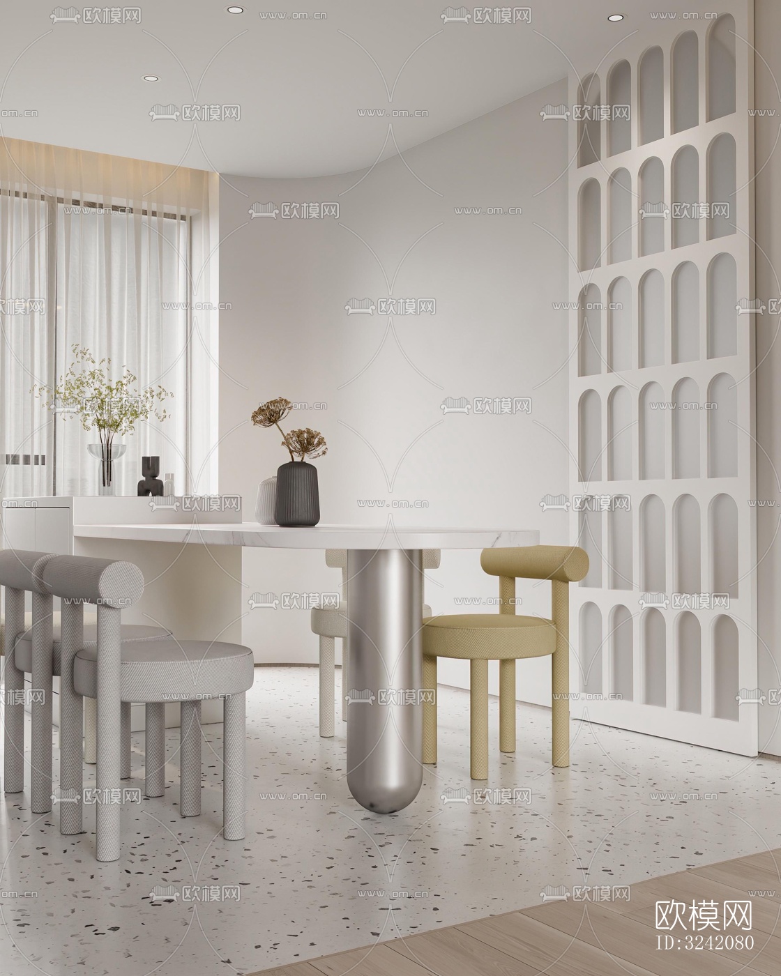奶油风客餐厅效果图下载（渲染图11）
