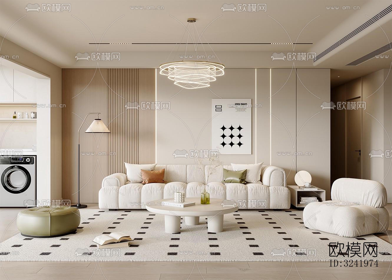 奶油风客厅效果图下载（渲染图4）