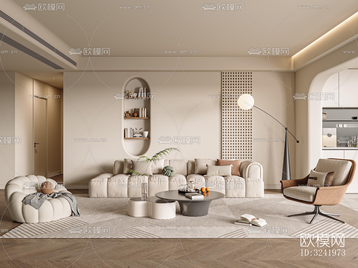 奶油风客厅效果图下载（渲染图1）