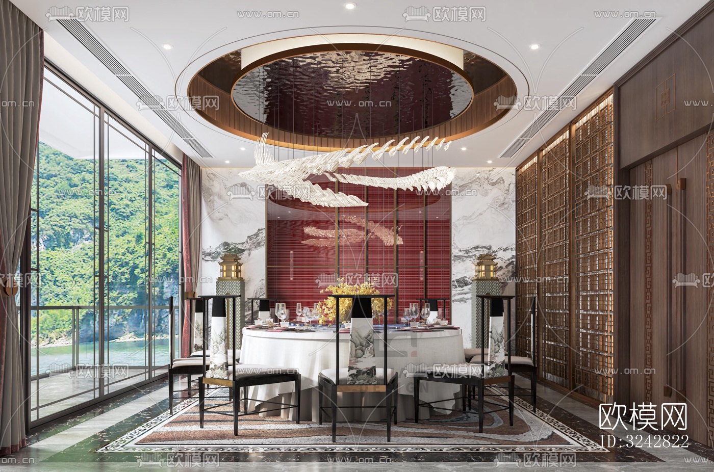 新中式中餐厅效果图下载（渲染图5）