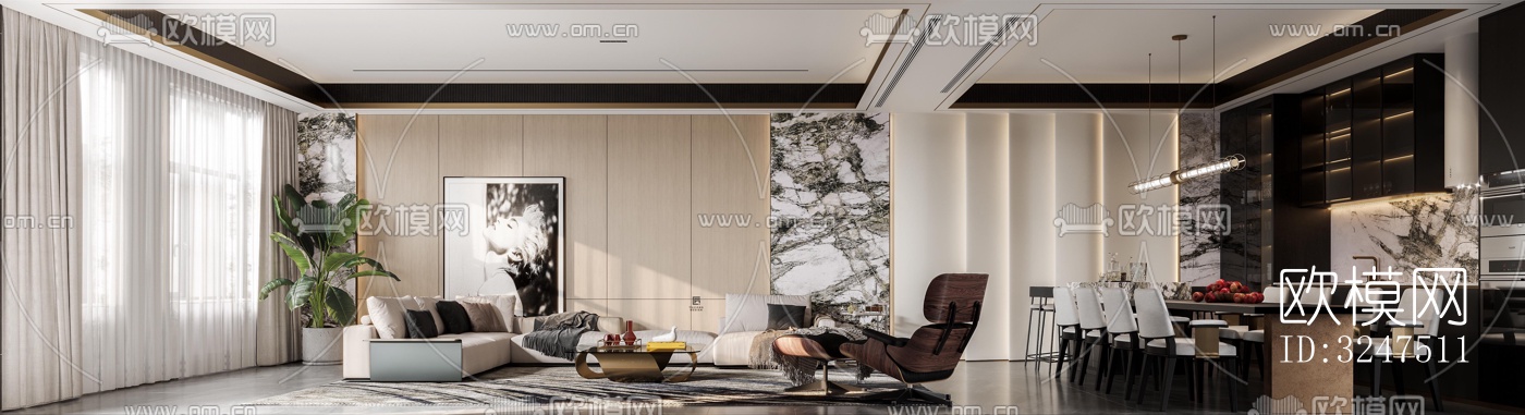 现代客餐厅效果图下载（渲染图1）