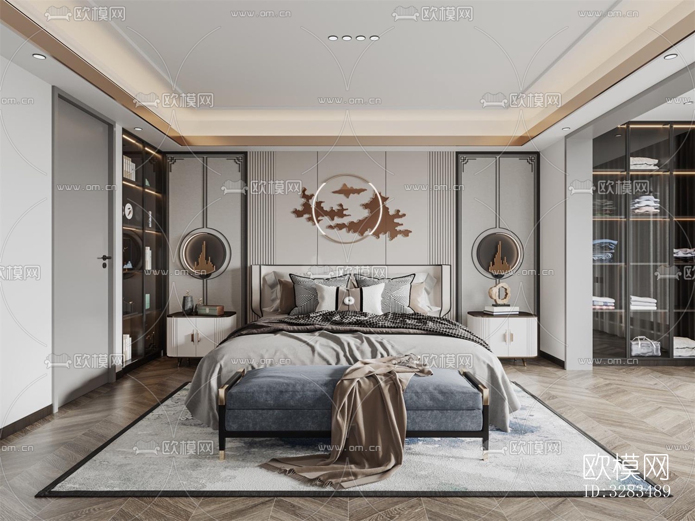 新中式卧室效果图下载（渲染图4）