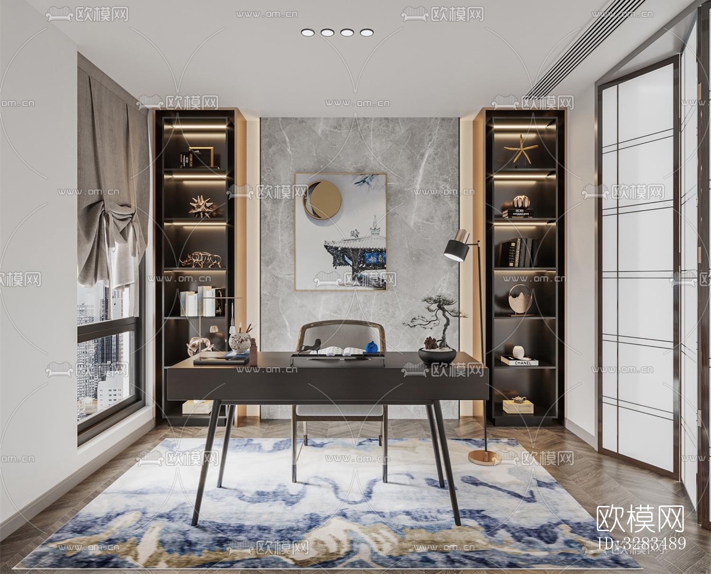 新中式卧室效果图下载（渲染图5）