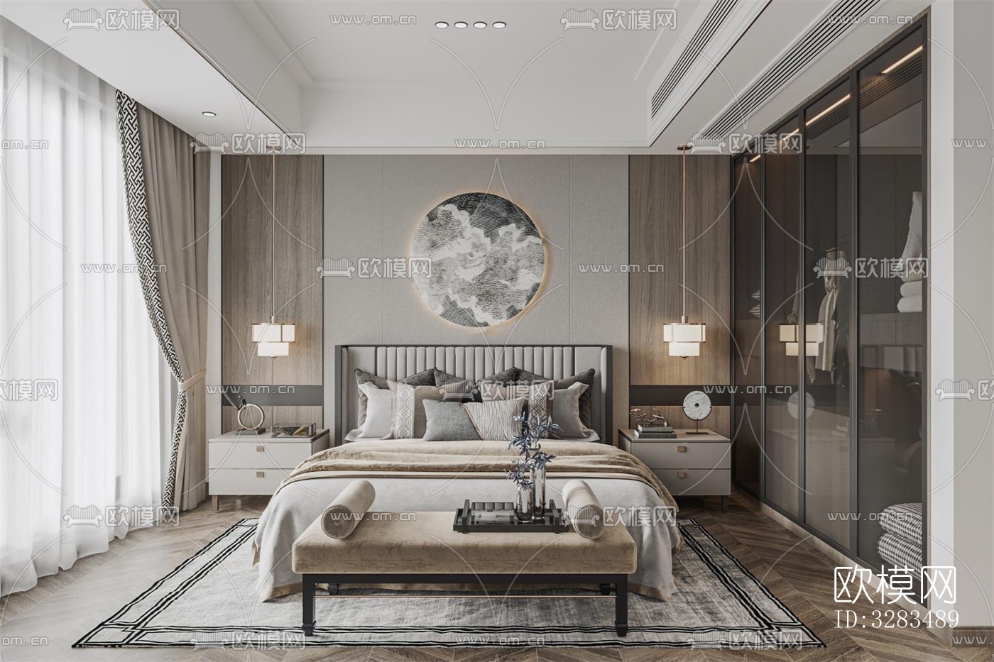 新中式卧室效果图下载（渲染图3）