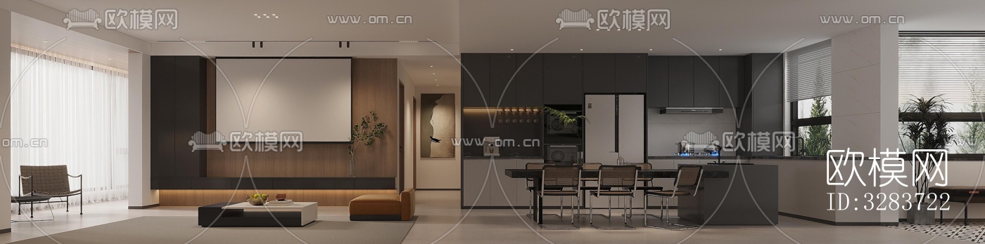 现代客餐厅效果图下载（渲染图1）