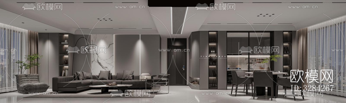 现代客餐厅效果图下载（渲染图1）