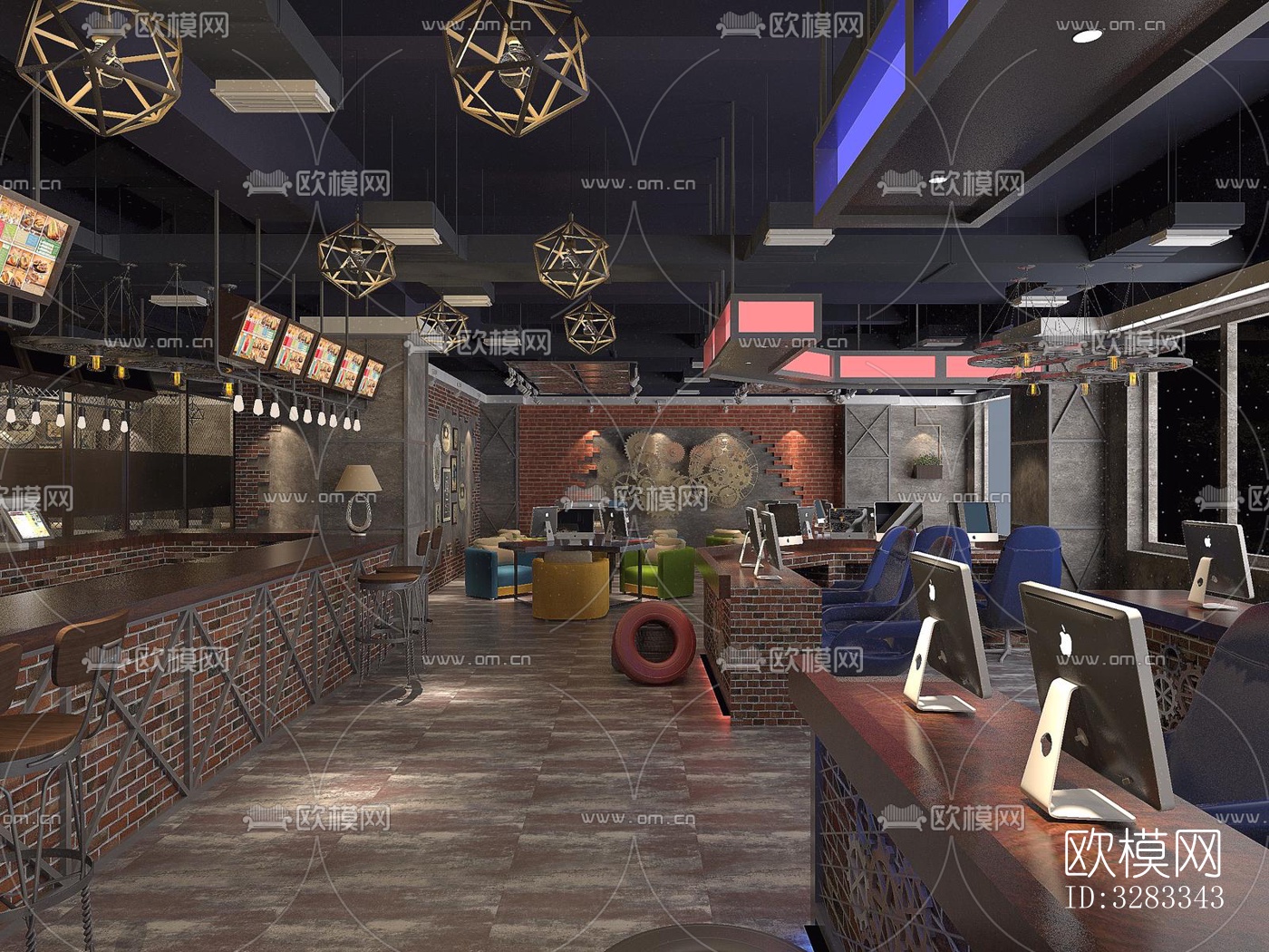 工业风网咖效果图下载（渲染图2）