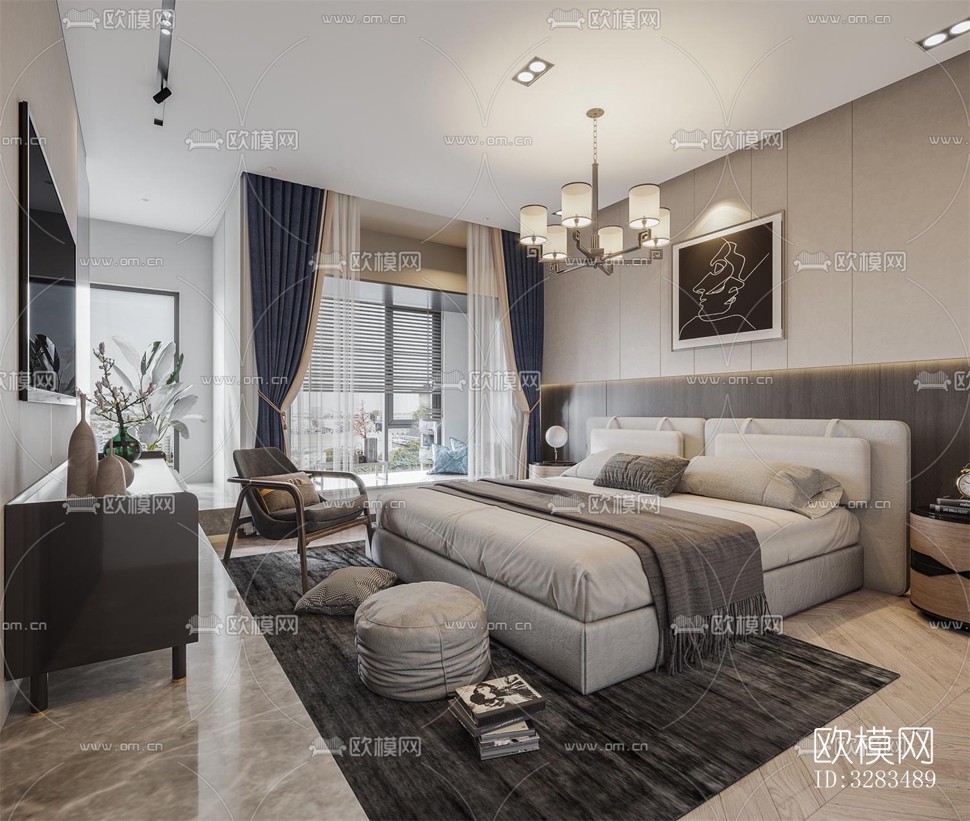 新中式卧室效果图下载（渲染图1）