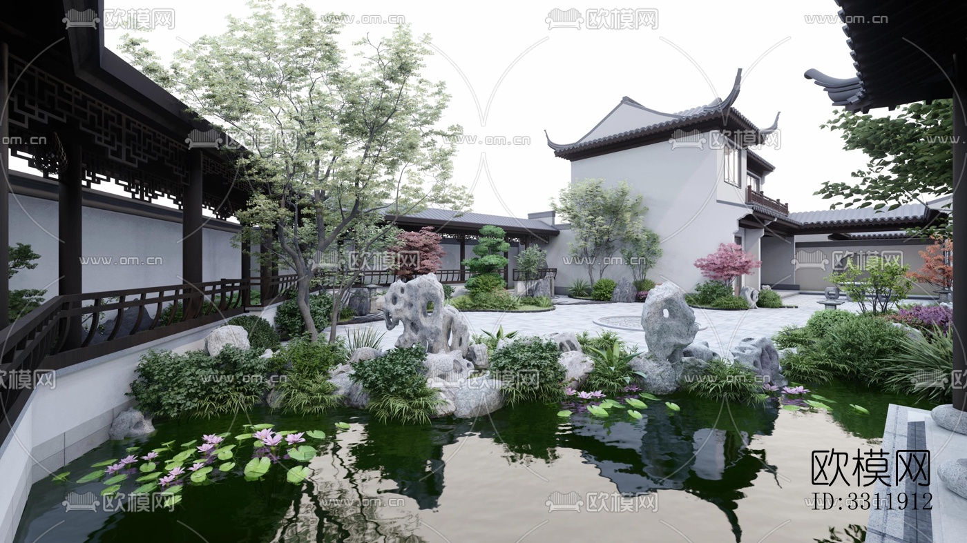 中式阳台花园效果图下载（渲染图1）