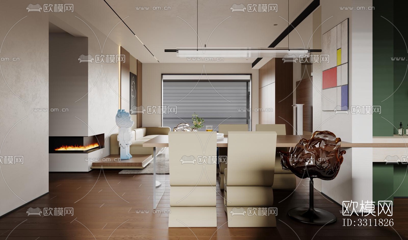 现代客餐厅效果图下载（渲染图1）