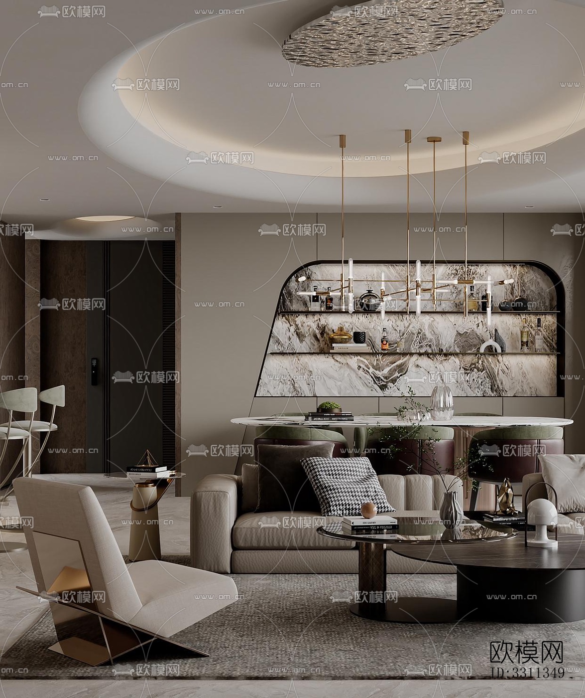 现代客餐厅效果图下载（渲染图1）