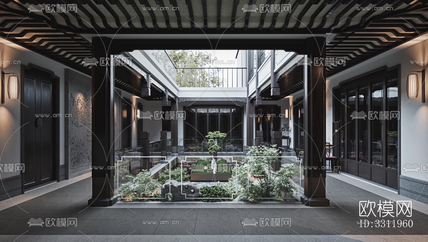 新中式阳台花园效果图下载（渲染图3）