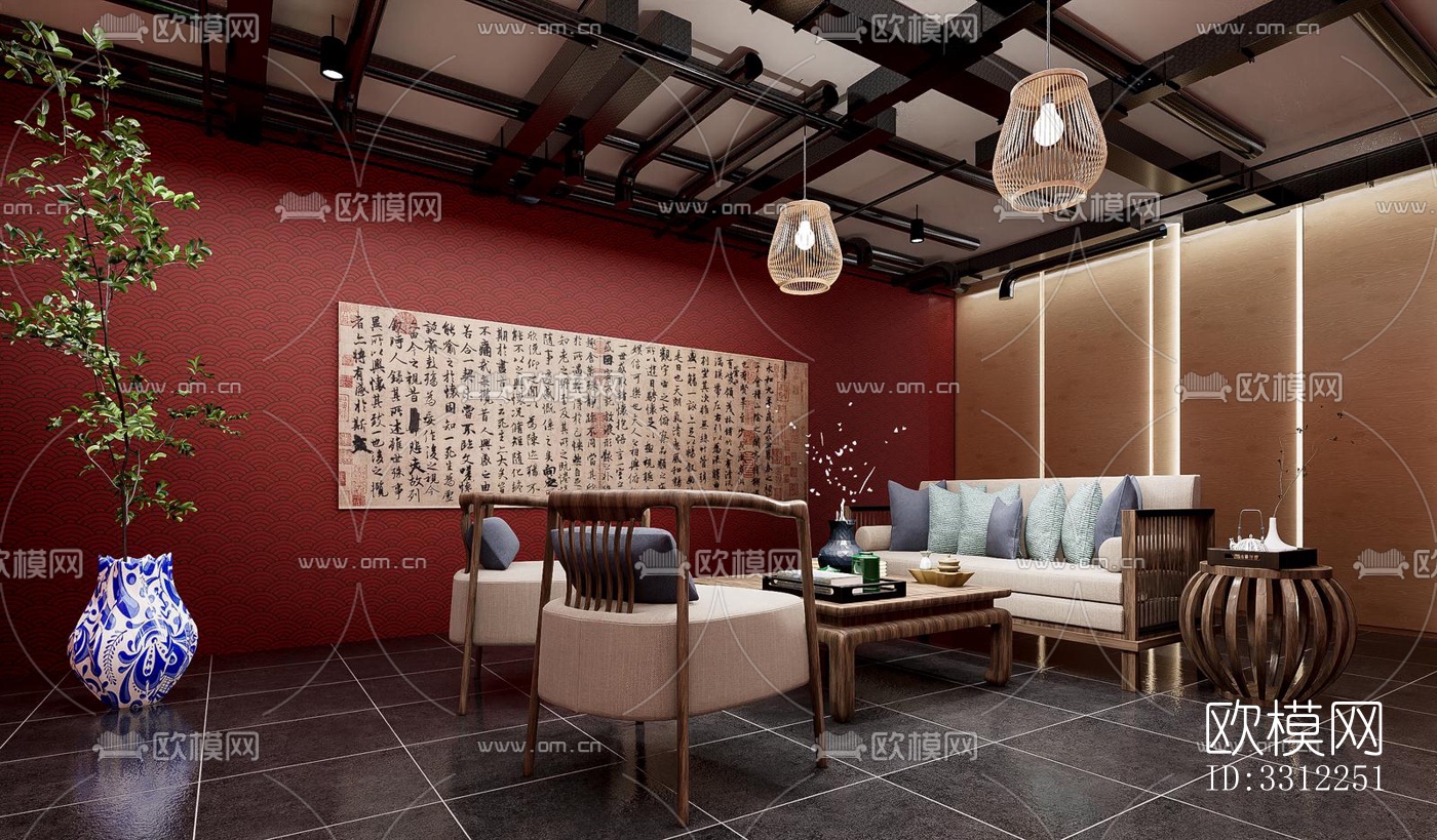 新中式中餐厅效果图下载（渲染图1）