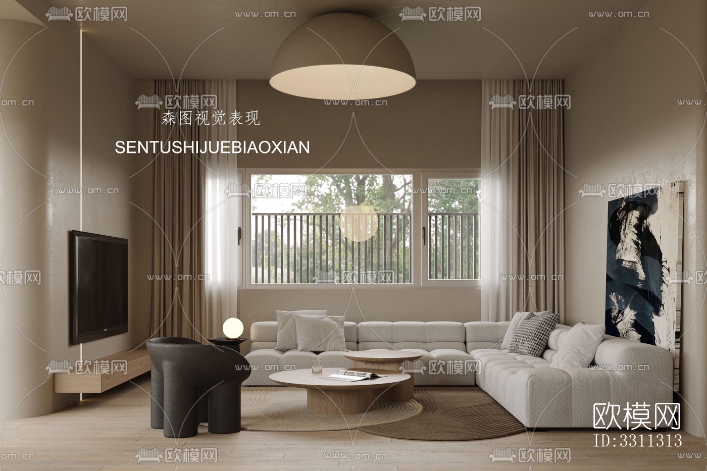 现代客餐厅效果图下载（渲染图1）