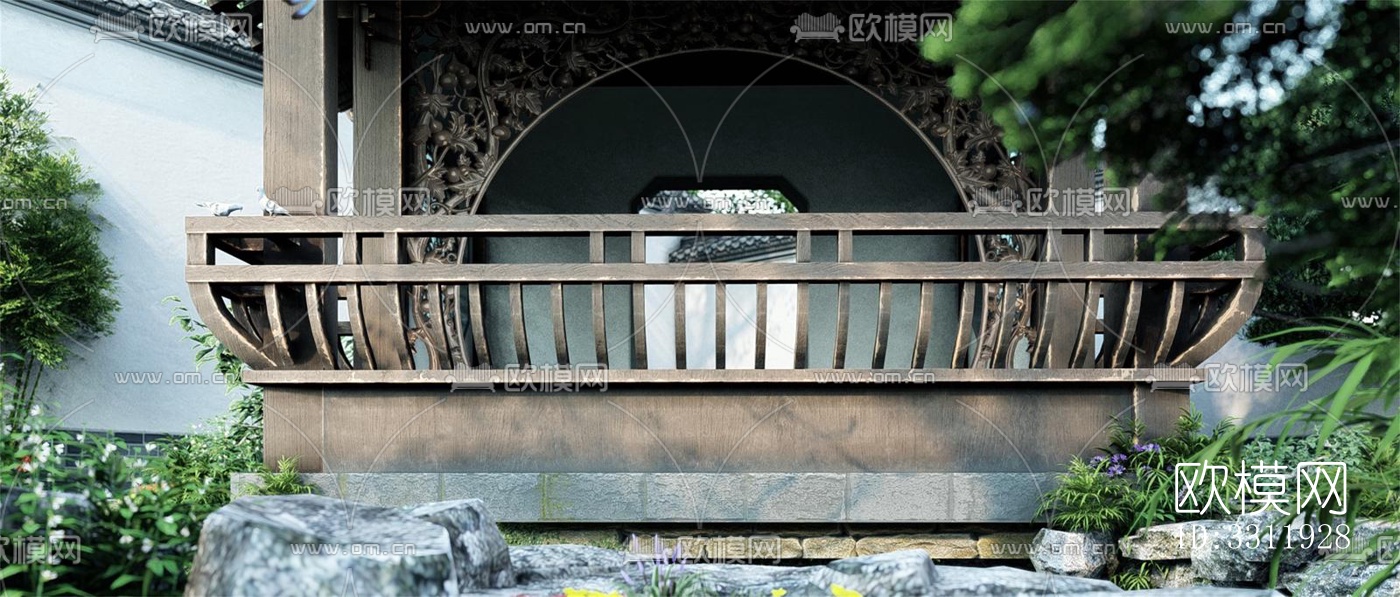 中式阳台花园效果图下载（渲染图2）