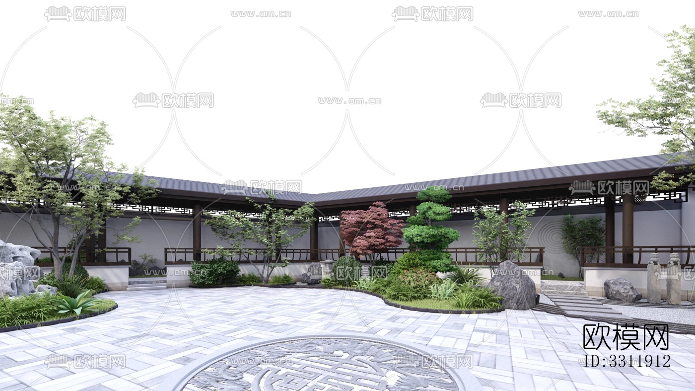 中式阳台花园效果图下载（渲染图3）