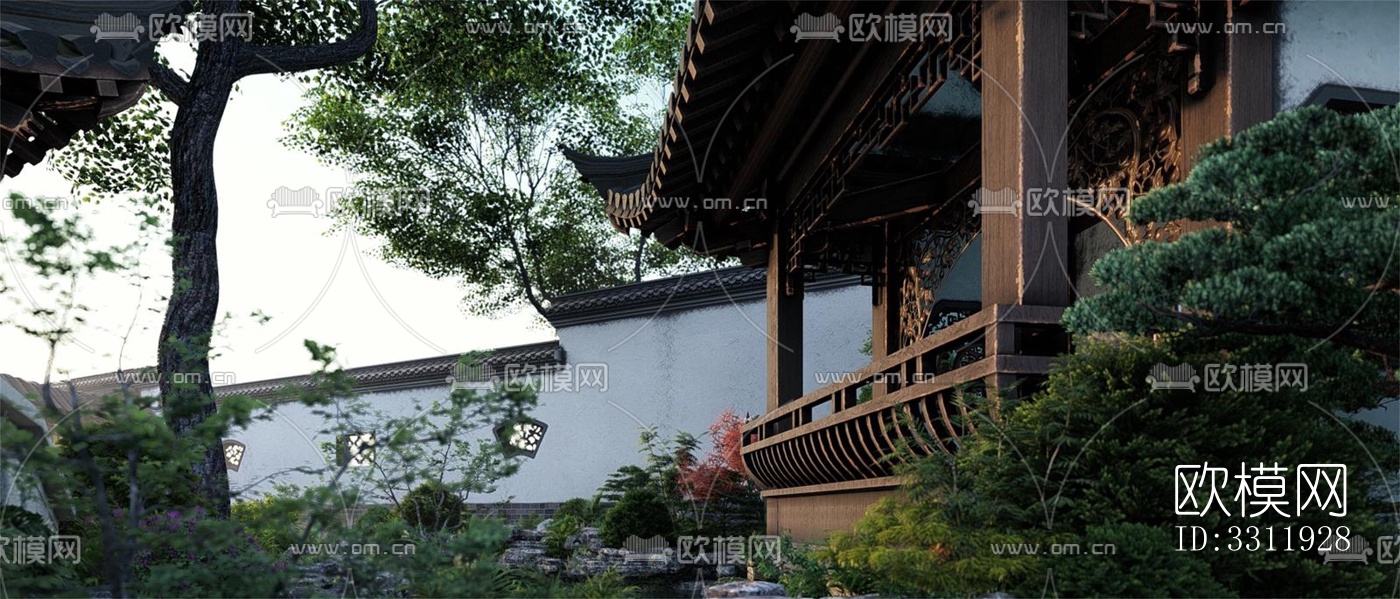 中式阳台花园效果图下载（渲染图1）