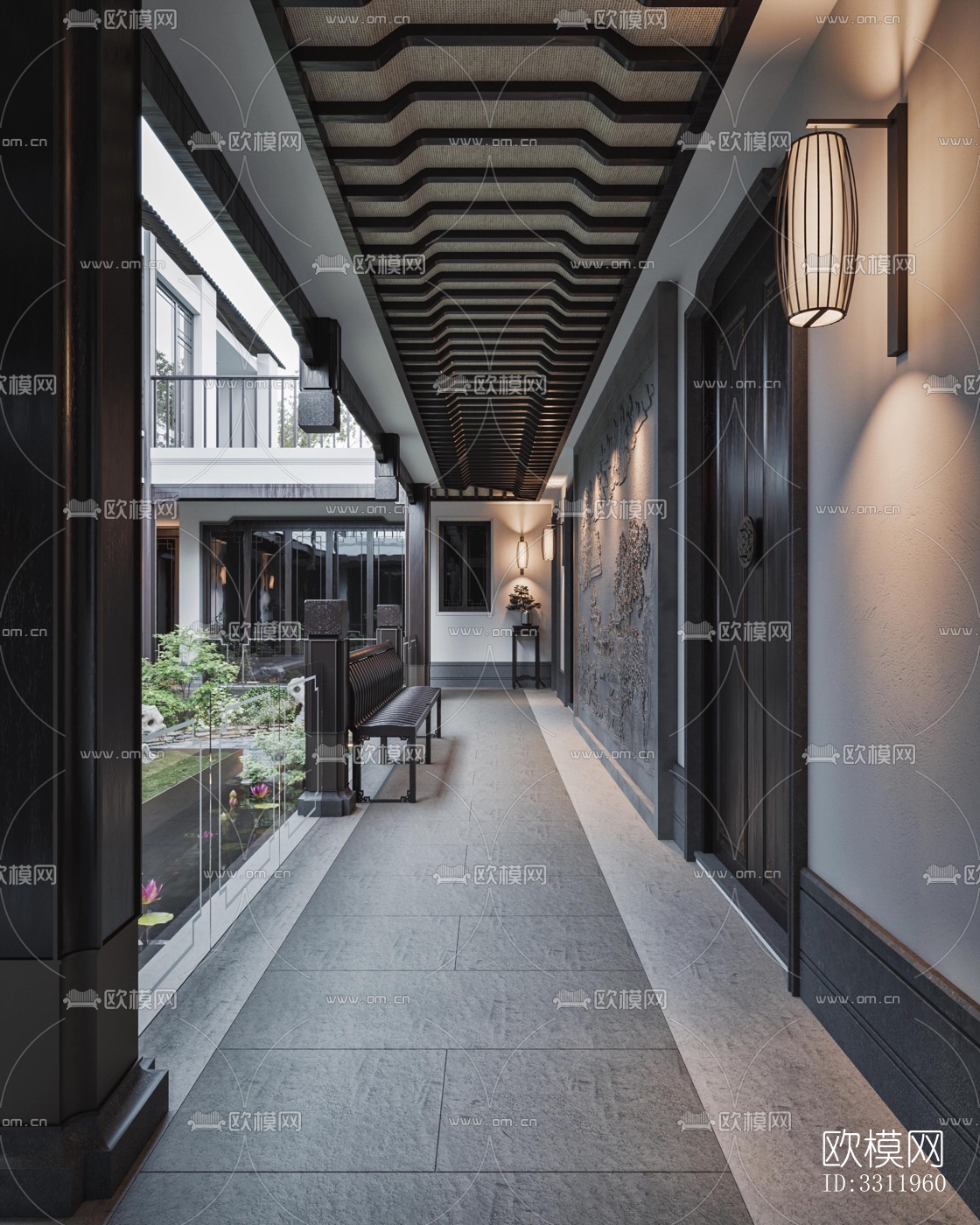 新中式阳台花园效果图下载（渲染图1）