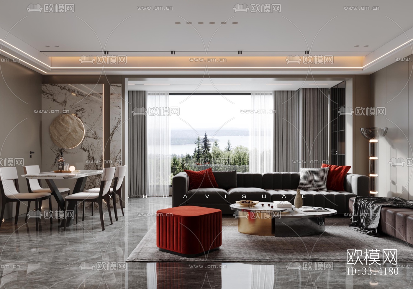 现代客餐厅效果图下载（渲染图1）