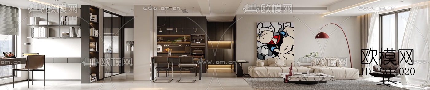 现代客餐厅效果图下载（渲染图1）