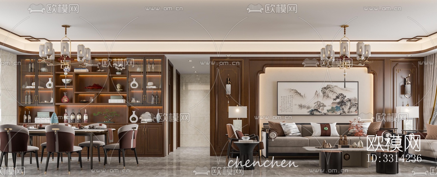 现代客餐厅效果图下载（渲染图1）