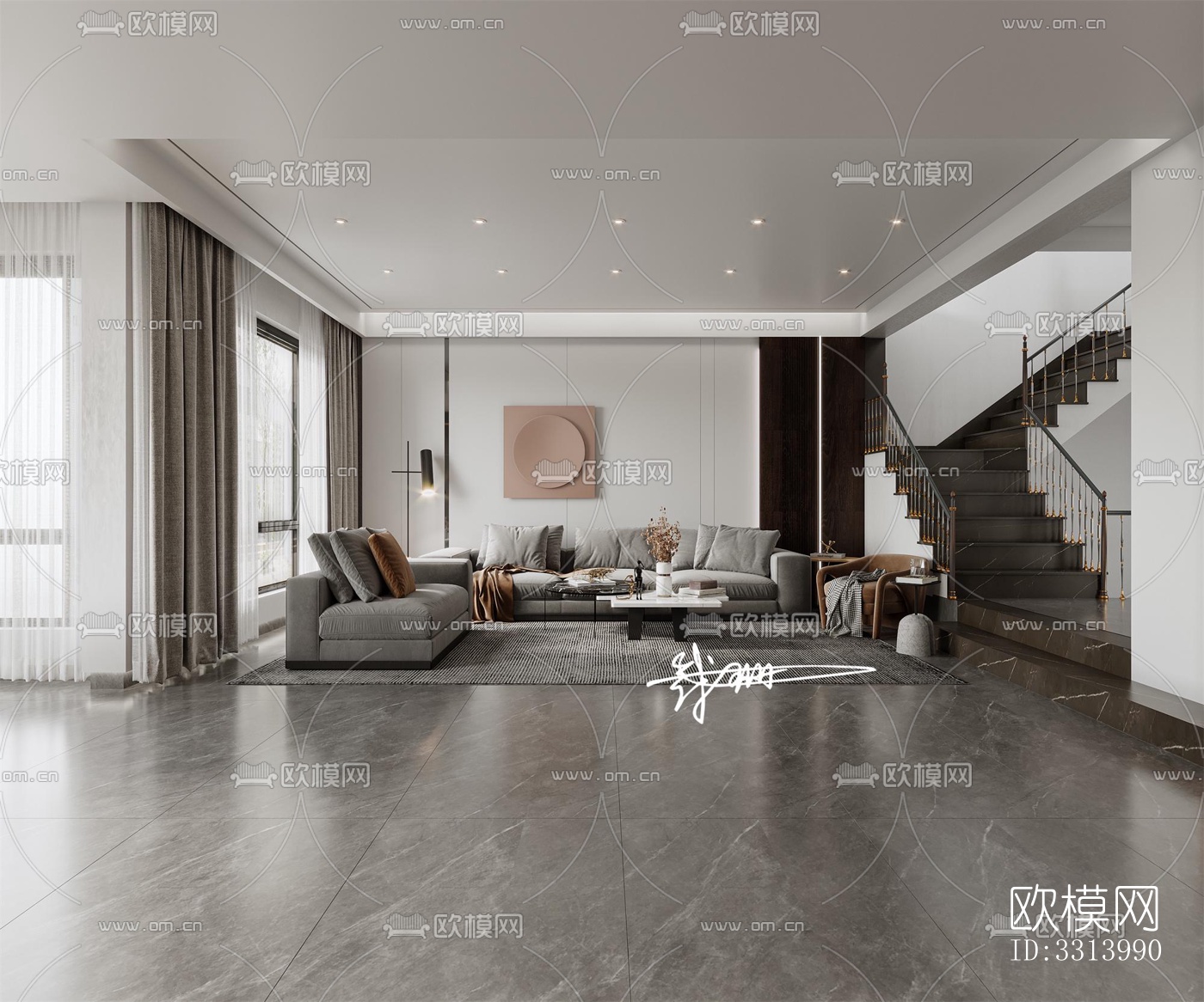 现代客餐厅效果图下载（渲染图1）