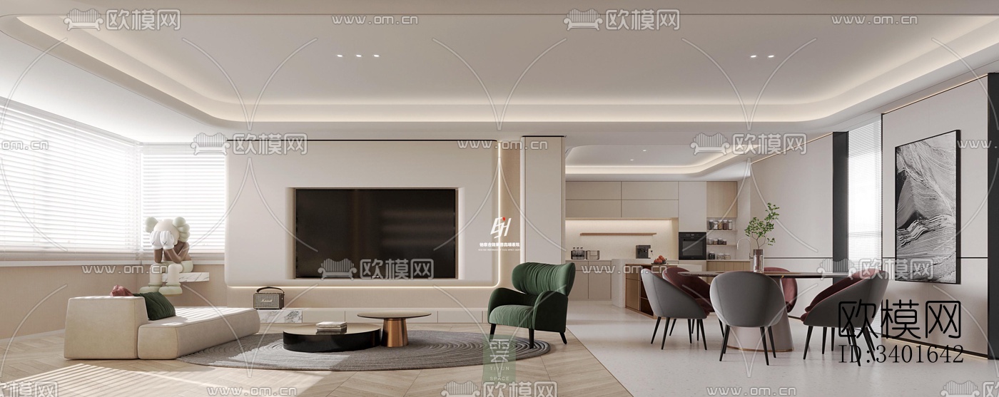 现代大平层效果图下载（渲染图1）