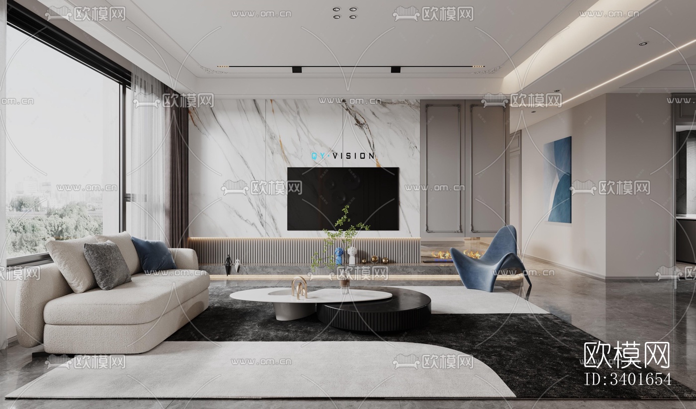 现代大平层效果图下载（渲染图1）